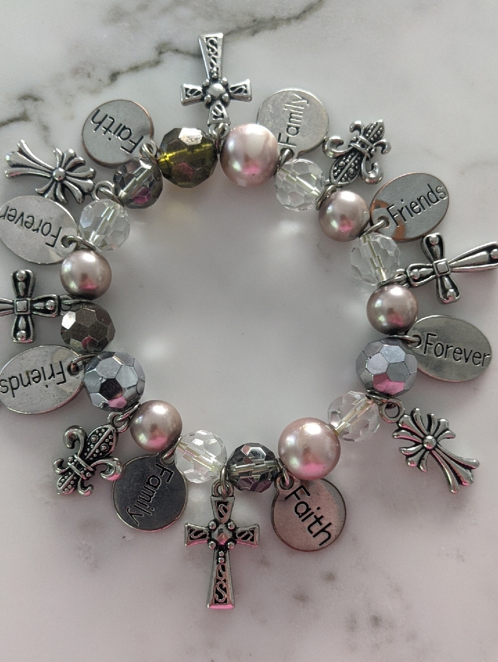 Faith, Family, & Friends Silver Charm Bracelet with Pink Pearls